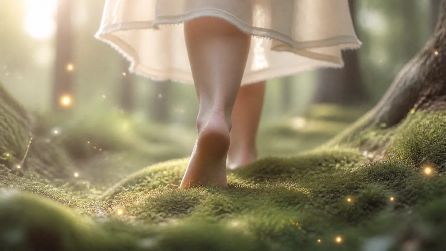 A person walking barefoot on soft, lush green moss in a mystical forest, soft sunlight filtering through haze
