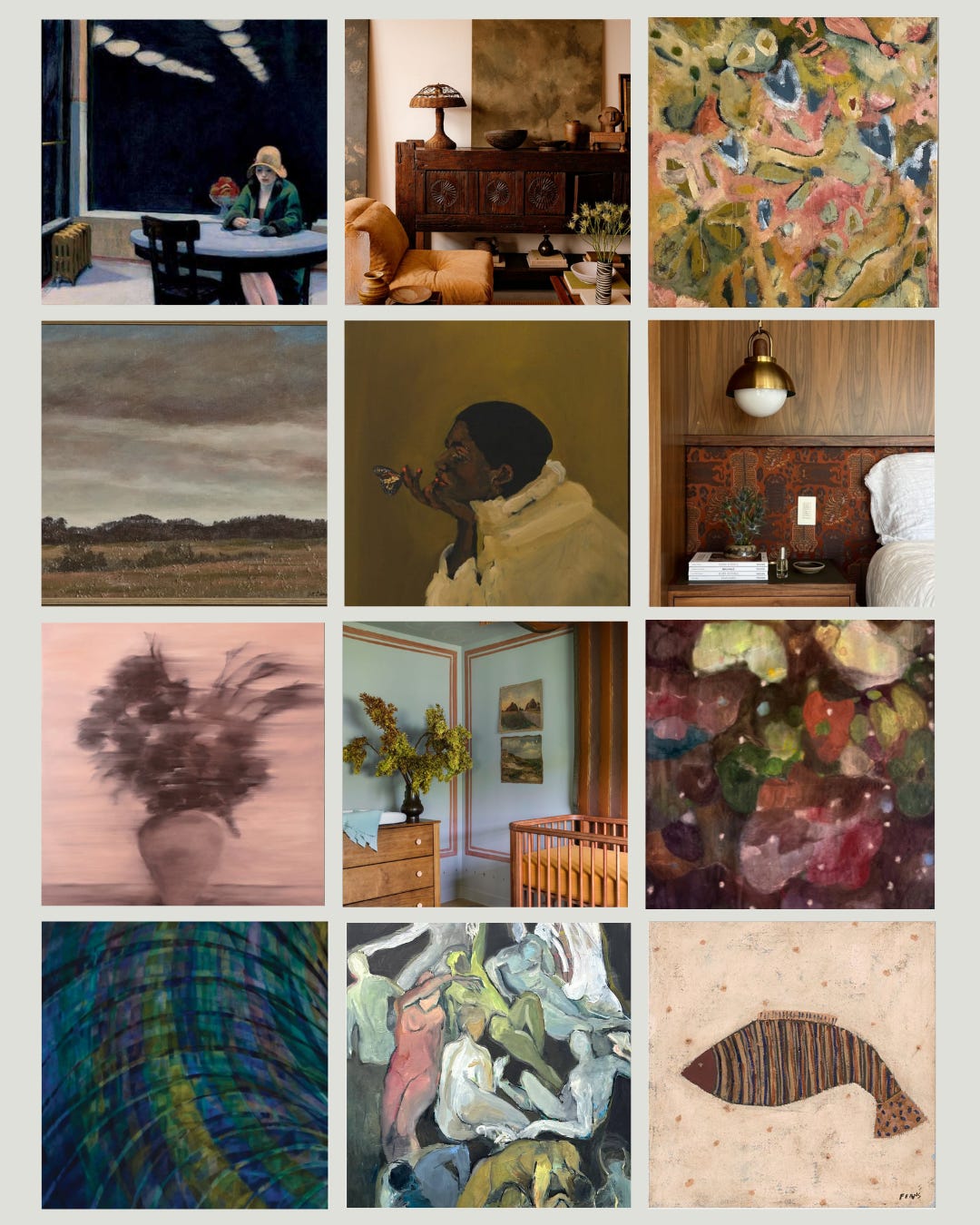 Moody Classic: Atmospheric art and interiors — deep greens, amber light, chiaroscuro, and timeless character.