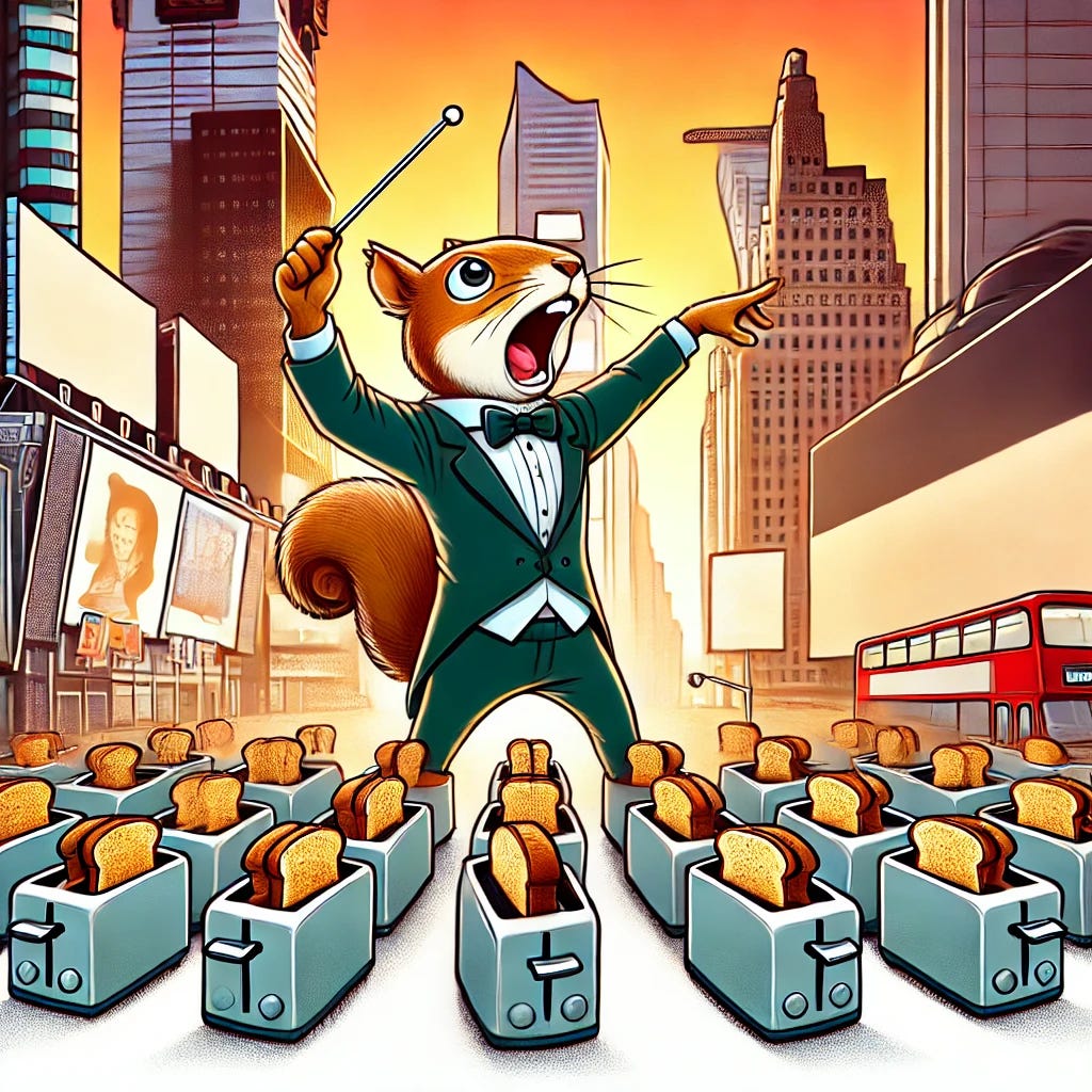 A cartoon-style illustration of an anthropomorphic squirrel wearing a tiny business suit, conducting a symphony of toasters in the middle of Times Square at sunset. The squirrel should have well-defined arms holding a conductor's baton, with an expressive and dramatic conducting pose. The toasters should be lined up like an orchestra, each with a different level of toast popping up. The background should capture the bright lights and billboards of Times Square, with a warm sunset glow.