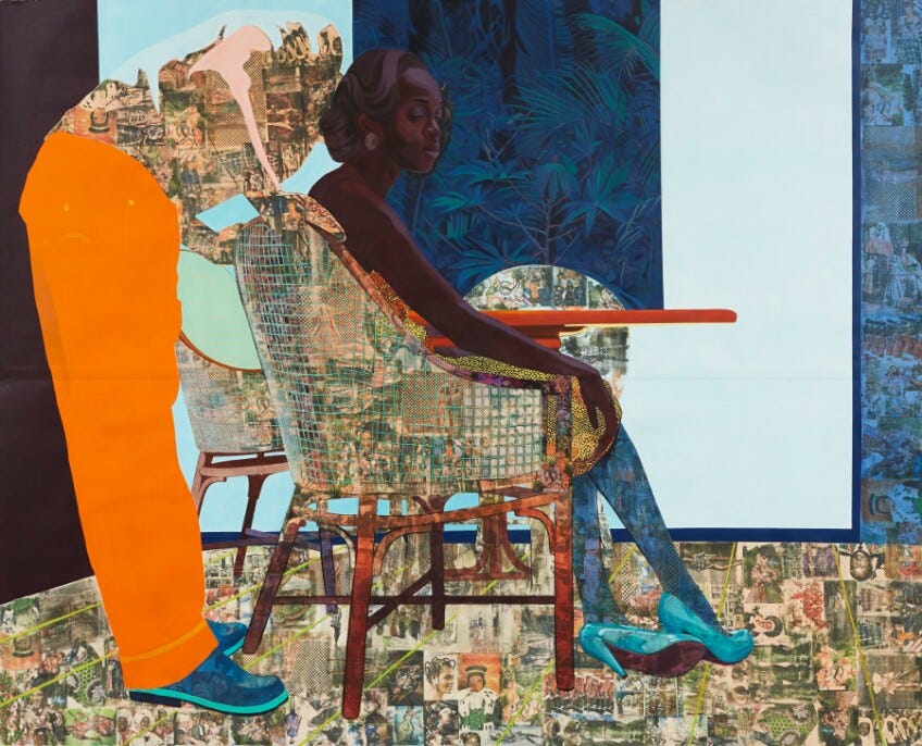 Njideka Akunyili Crosby, &quot;And We Begin to Let Go,&quot; 2013. Acrylic, pastel, color pencils, charcoal, marble dust, collage and transfers on paper. 7 x 8.75 feet.