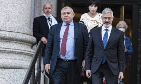 Lev Parnas, left, and his lawyer, Joseph Bondy, leave federal court after closing arguments in his trial.