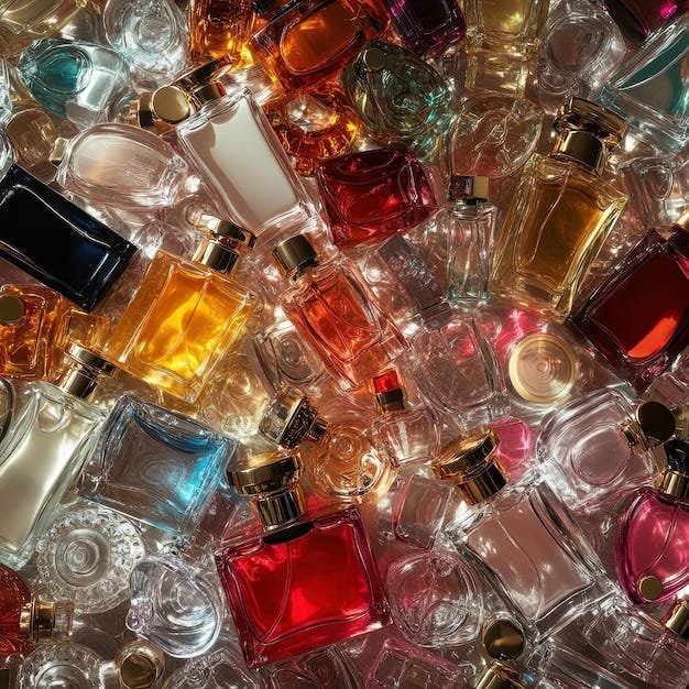 Several Perfumes top view background big collection