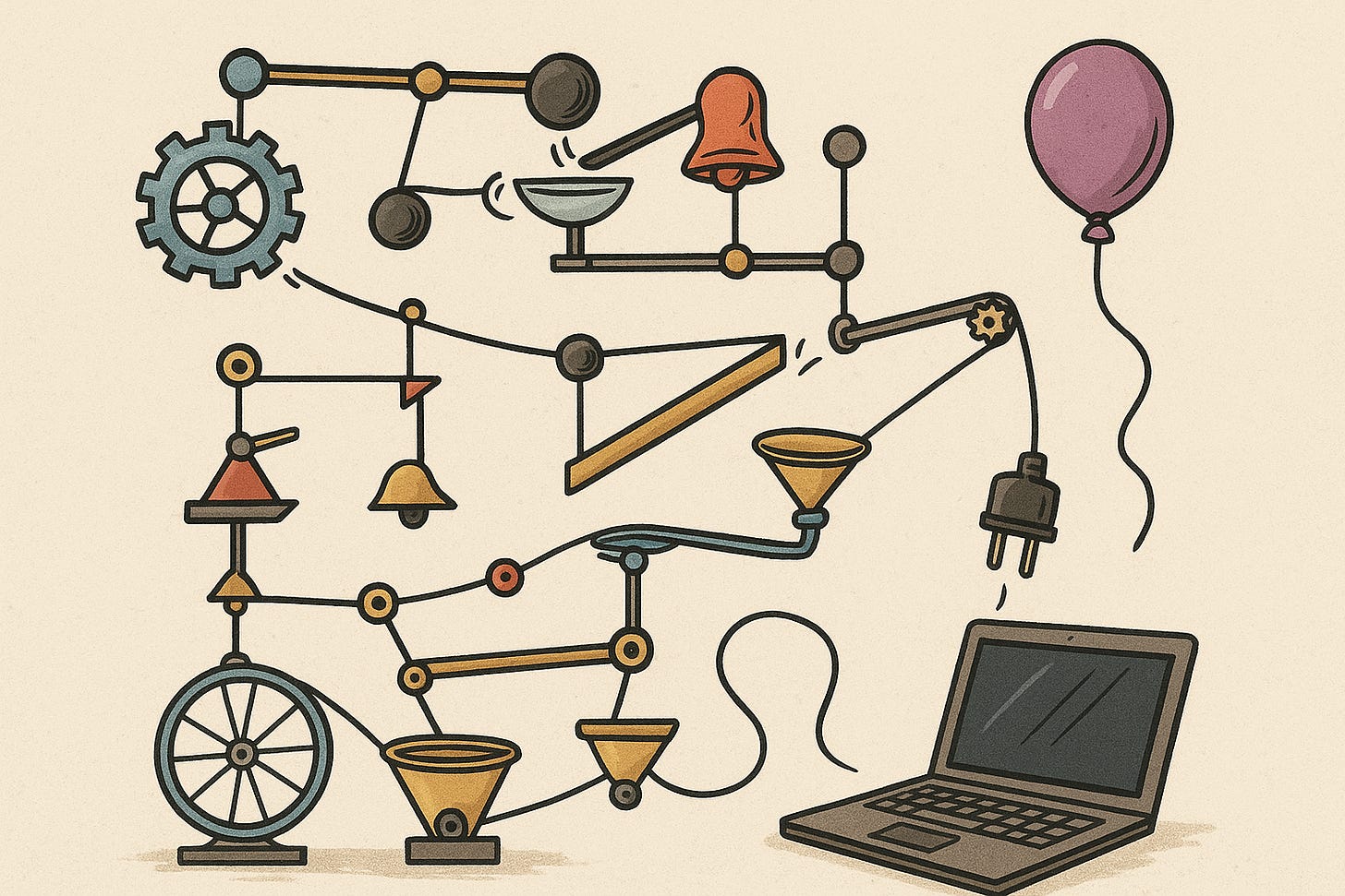 a Rube Goldberg system running a laptop