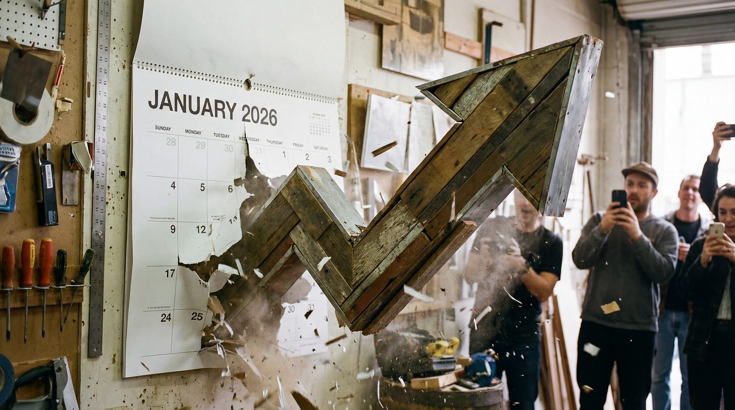 AI-generated illustration of an upward trending arrow exploding through a 2026 wall calendar, symbolizing U.S. economic growth in 2026.