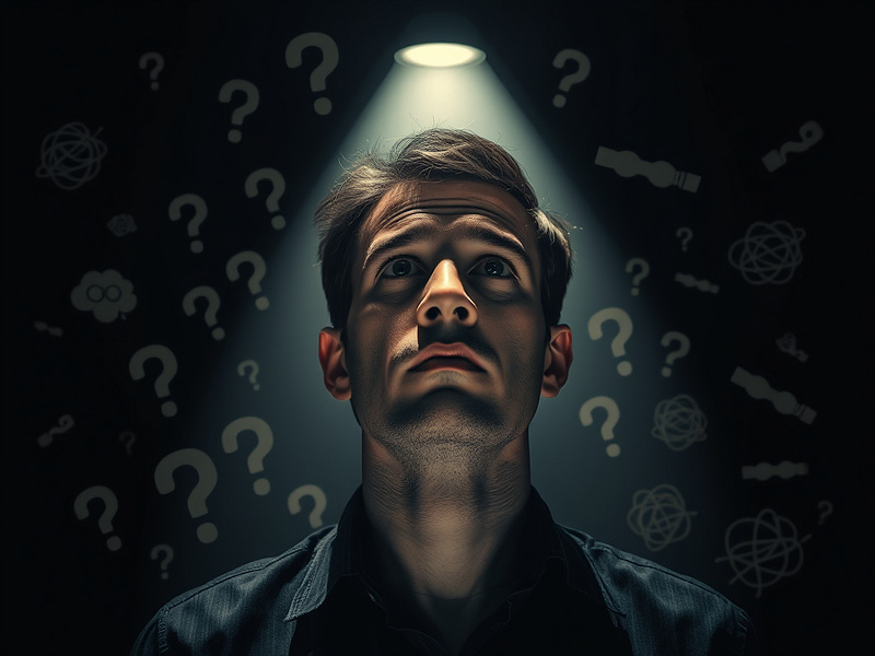 The image captures a person deep in contemplation, encircled by chaotic symbols that symbolise cognitive biases such as question marks, blindfolds, and confused thoughts. The setting is a dimly lit room with a single spotlight illuminating the individual, creating a contrast between light and shadow to symbolise awareness and confusion. The facial expression reflects introspection and realisation, capturing the essence of self-awareness and overcoming cognitive traps.