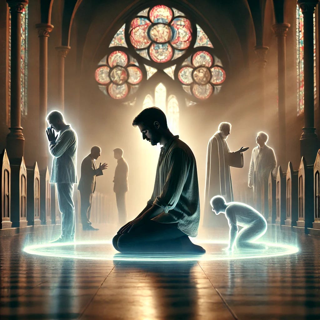 A contemplative and symbolic image of a man kneeling in prayer, surrounded by an ethereal light that represents divine grace. The setting is a quiet, dimly lit church, with stained glass windows casting soft colors on the floor. The man's expression shows deep reflection and humility. In the background, faint silhouettes of daily struggles appear—figures arguing, a person looking proud, another in deep contemplation—symbolizing the inner battles of Lent. The image conveys the theme of purification through grace rather than mere human effort.