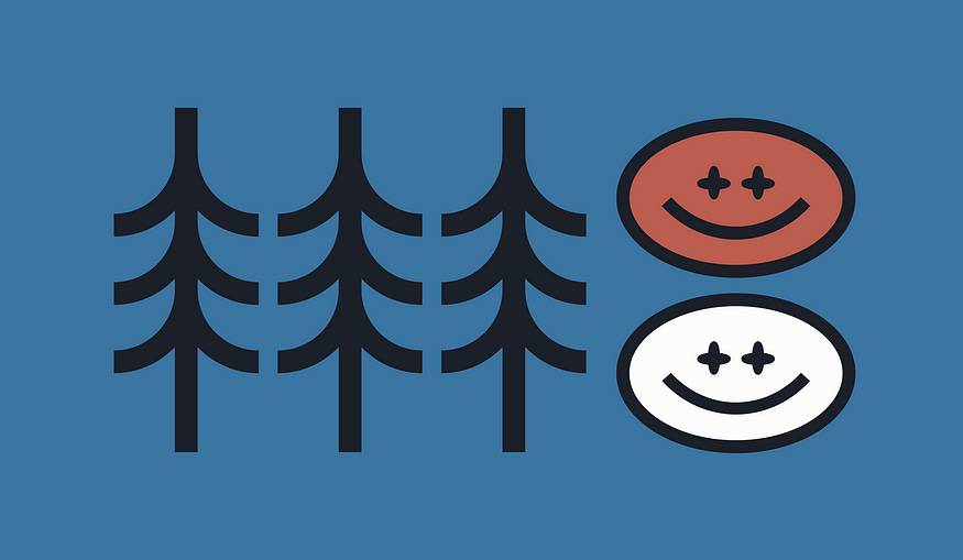 A graphic illustration featuring four stylised black trees on the left and two smiling faces on the right, one in reddish-brown and the other in white, against a muted blue background.