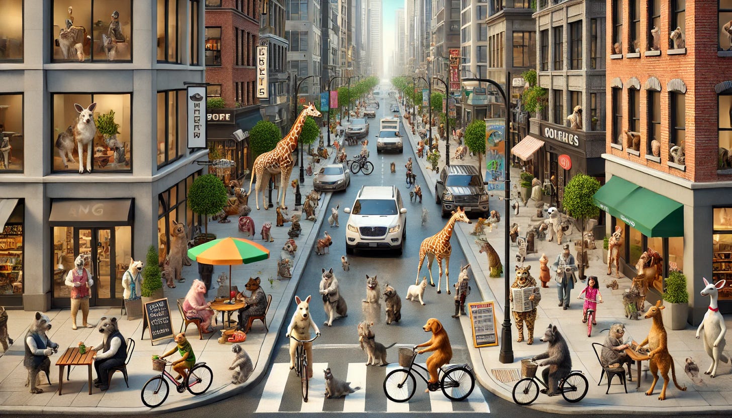 A photorealistic view of a busy city street filled with animals doing everyday human activities. Include a variety of animals such as dogs, cats, rabbits, birds, giraffes, and more. Show animals shopping, riding bicycles, talking on cell phones, reading newspapers, sitting at cafes, and driving cars. Ensure the scene is bustling with life, featuring diverse storefronts, street vendors, and vibrant signage. No humans should be present in the image. The setting should feel lively and urban, capturing the essence of a typical city street with a unique twist of animal inhabitants.