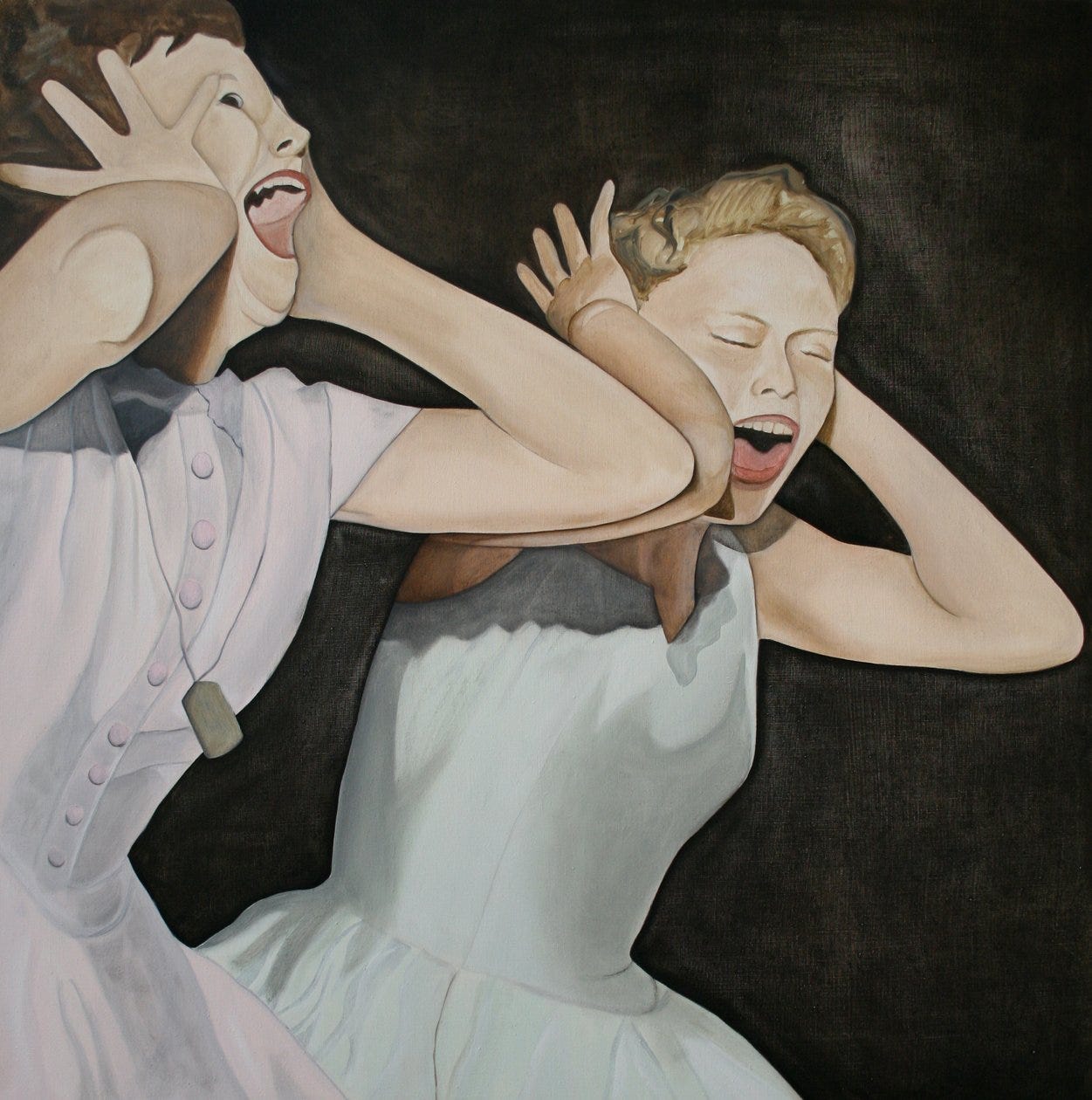A painting of two teenage girls screaming and holding their ears. Their facial expressions are quite ambiguous. Are they screaming out of excitement or fear?
