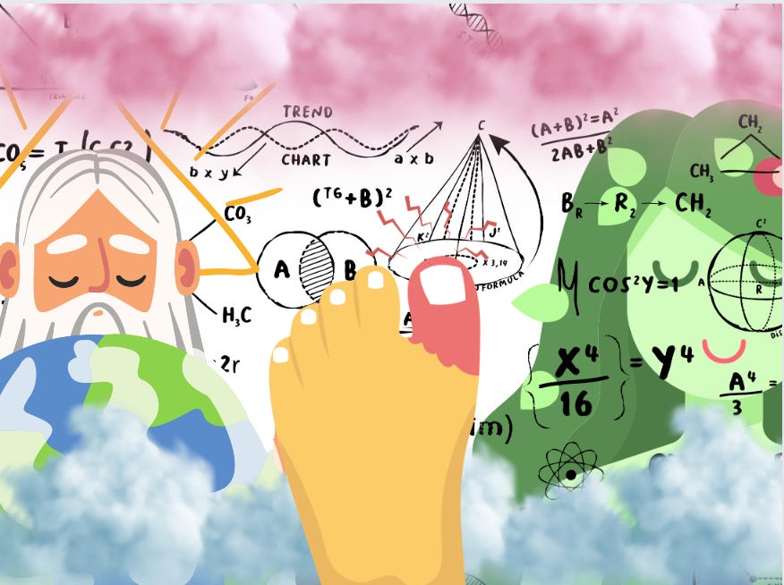 a collage with a cartoon image of God, Mother Nature, numbers and a giant foot with a big injured toe