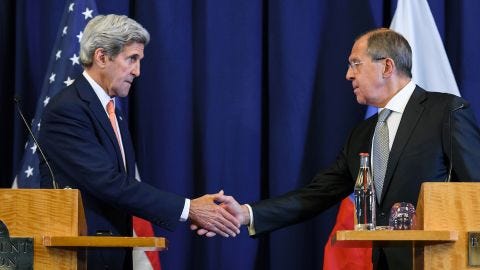 Secretary of State John Kerry and Russian Foreign Minister Sergey Lavrov unveil the new plan Friday.
Secretary of State John Kerry and Russian Foreign Minister Sergey Lavrov unveil the new plan Friday.
