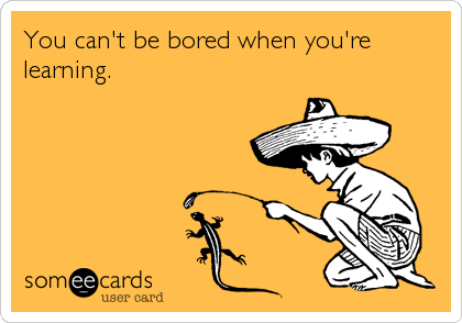 A picture of a boy playing with a lizard with the caption, "You can't be bored when you're learning."