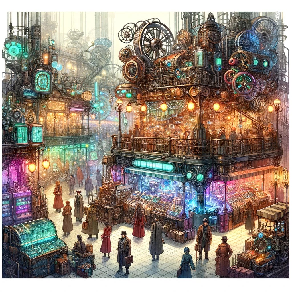 A bustling cyber-futuristic bazaar scene, blending elements of steampunk and cyberpunk aesthetics. The marketplace is filled with a variety of vendors selling high-tech gadgets alongside more traditional steampunk items like mechanical parts and steam-powered devices. The setting includes intricate metalwork and neon lights, with diverse characters in both futuristic and Victorian-inspired attire. The entire scene is depicted in a watercolor style, highlighting vibrant colors and soft textures typical of this medium.