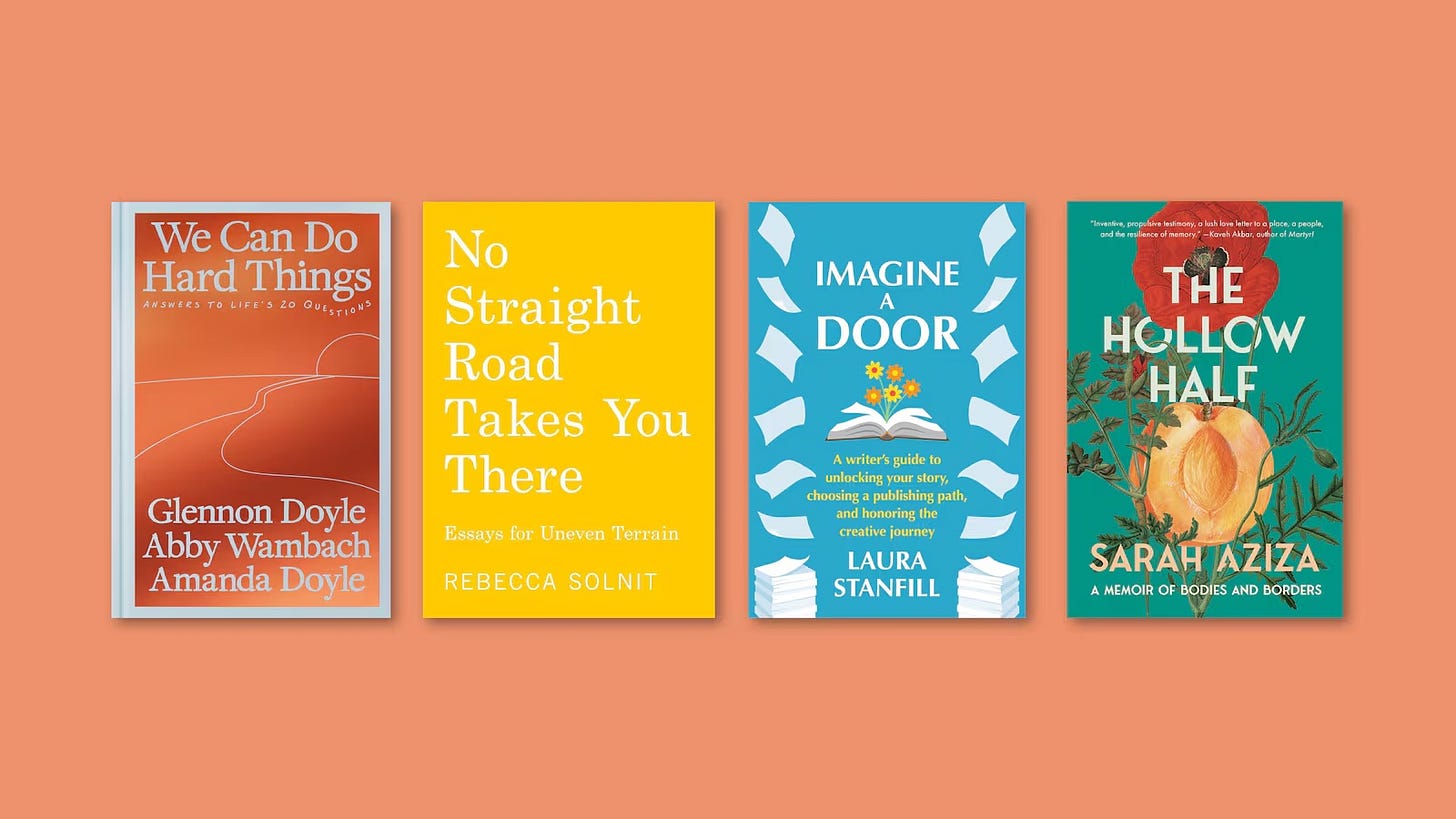 Book photos, including IMAGINE A DOOR alongside books by Glennon Doyle and Rebecca Solnit and Sarah Aziza.