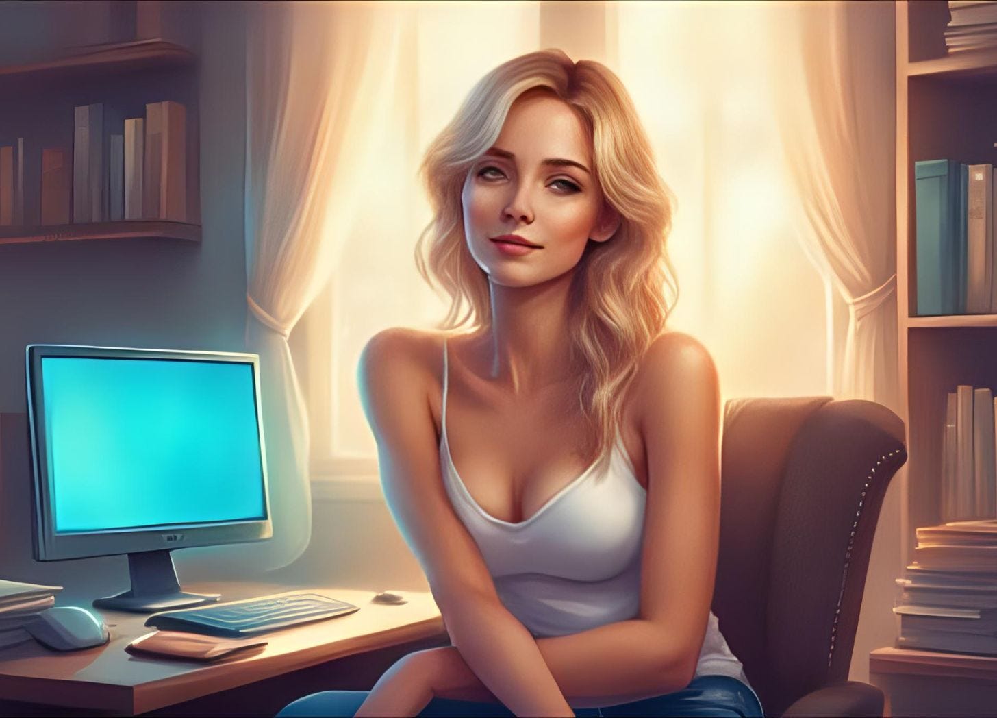 A young, attractive woman with blonde hair and brown eyes works on a budget at her desk in her office. She wears jeans and a white tank top. A young, attractive woman with blonde hair and brown eyes works on a budget at her desk in her office. She wears jeans and a white tank top.