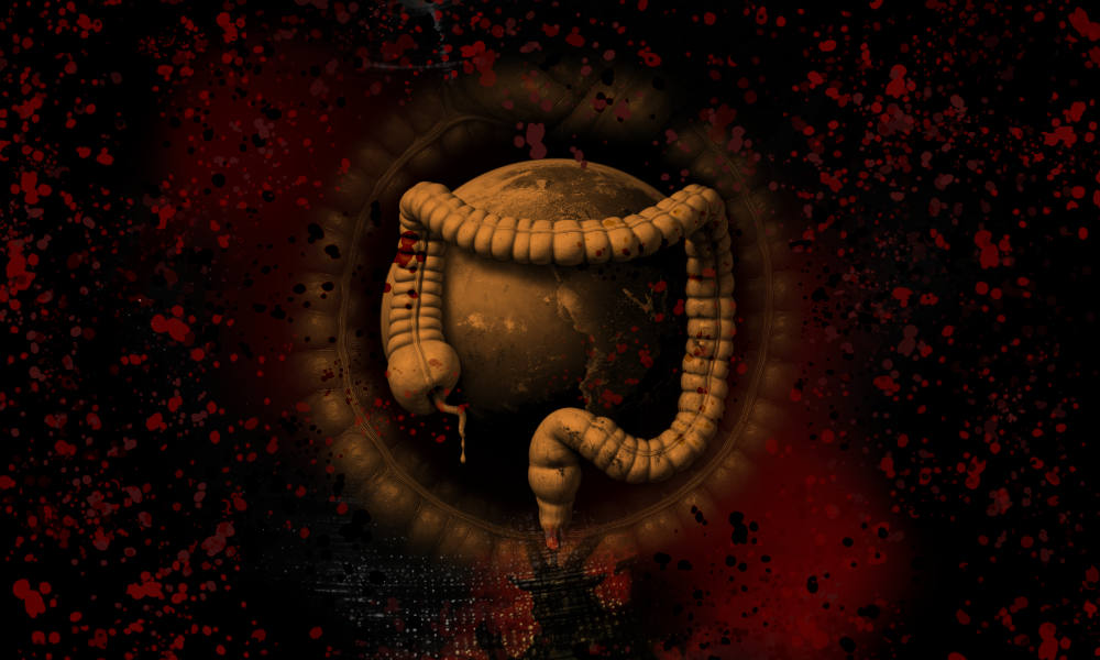 Planet Earth in dark sepia, encircled by a human colon, surround by black and red spatter.
