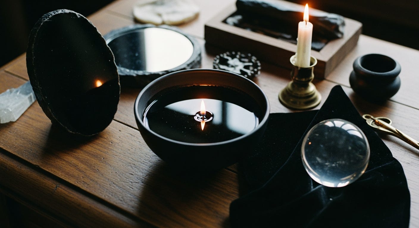A photorealistic, cinematic wide shot of an antique wooden alchemist's table with dramatic top-down lighting, showcasing a polished obsidian mirror, a ceramic bowl with a candle reflection, and a clear quartz crystal ball on black velvet, all with a dusty, vintage feel and rich jewel tones.