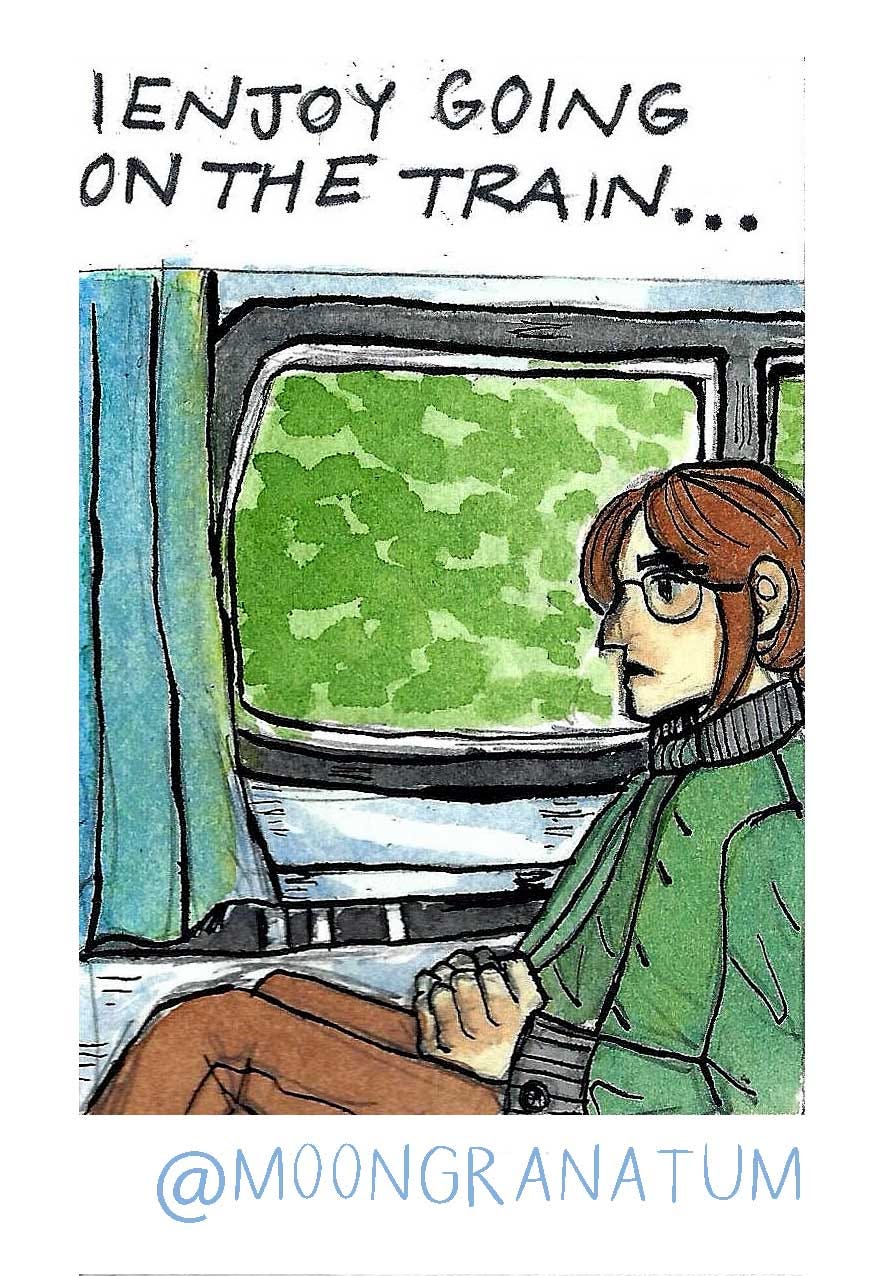 Moongranatum, watercolor train ride comic. Panel 1 text reads: I enjoy going on the train…