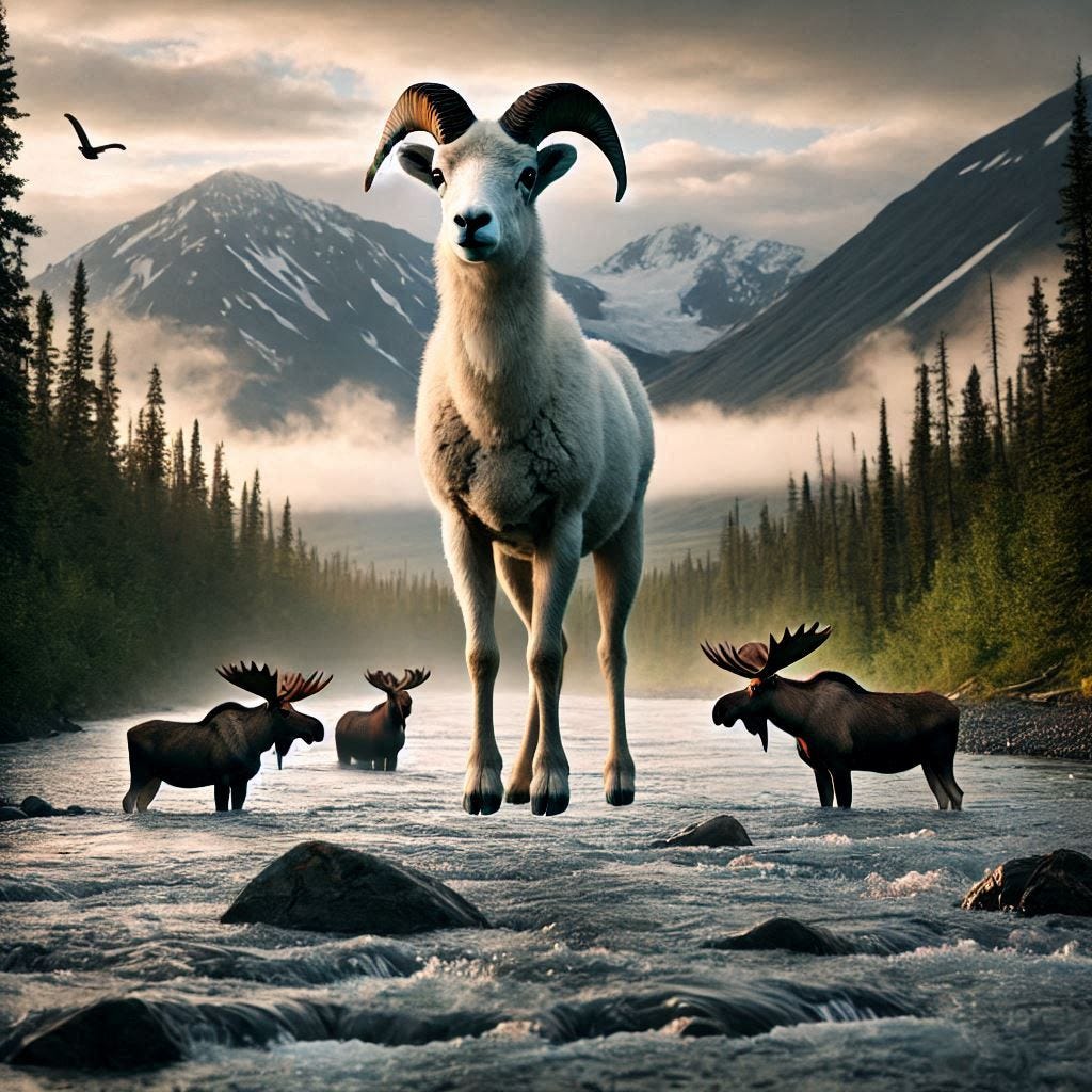 a dall sheep looking far below at some moose in a river in the kenai peninsula