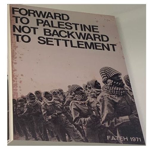 Posters in support of anti-apartheid and Free Palestine struggles. Top left: a black poster border with a blue square, with a bug and a white dove of peace overlaid. The text says: "Pas de Paix sans les Palestiniens. Pas de Palestiniens sand l'O.L.P". Top right: a red African continent with a Black man peering through the Cape geographic area. Text: "End Aparthid. South Africa must be free now. Divest now". Bottom left: A black and white photo of a line of freedom fighters wearing keffiyehs. Text: Forward to Palestine not backward to settlement". Bottom right: Black and white photos of women overlaid on text. Headline: "Women unite against apartheid".