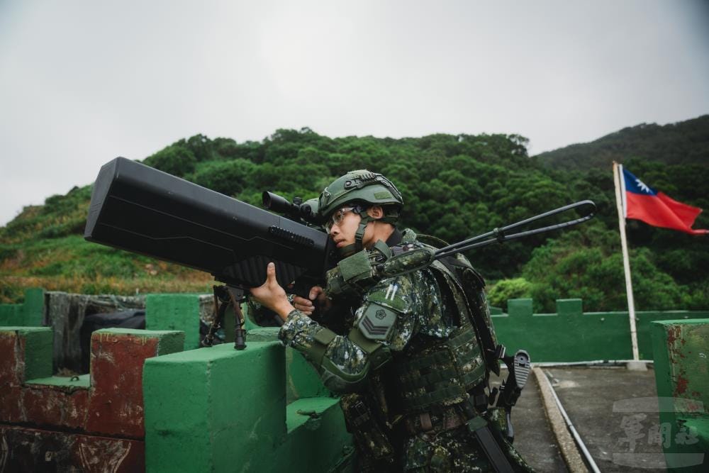 ROC Army soldier operating a shoulder-fired counter-UAS jammer during a demonstration, highlighting Taiwan’s efforts to defend against hostile drones.