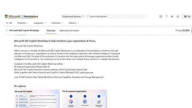 Microsoft Marketplace listing for a Microsoft 365 Copilot Workshop, 8 hours, priced at $5,000 Microsoft Marketplace listing for a Microsoft 365 Copilot Workshop, 8 hours, priced at $5,000