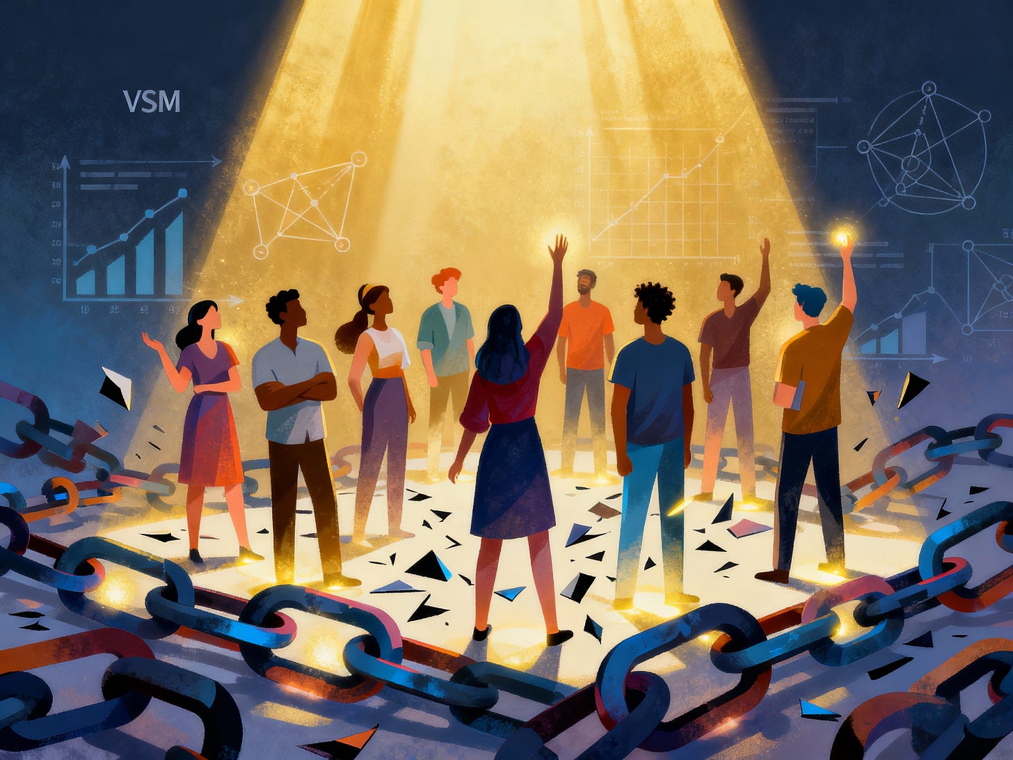 Abstract image for "Why isn’t Anybody Designing Freedom?" with broken chains and VSM motifs.