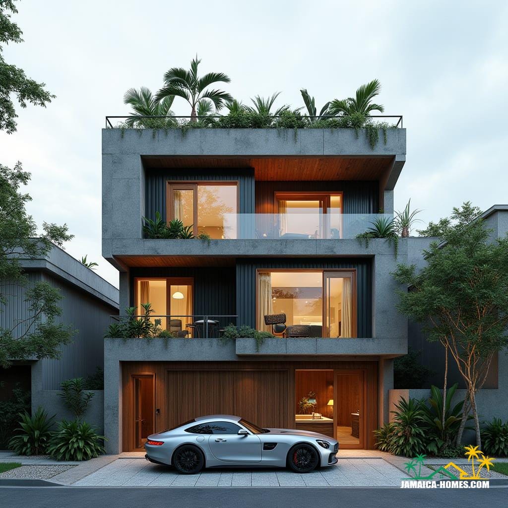 A creative Jamaican townhouse in Kingston made from stacked shipping containers and concrete blocks, bold geometric forms, large square windows, and flat roof with rooftop spa. Industrial chic detailing, rooftop garden.