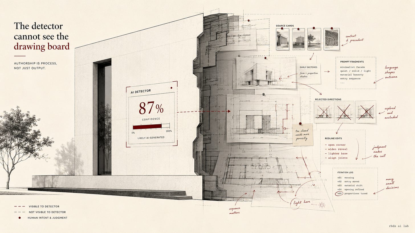 What the detector sees, and what it cannot: the source cards, the rejected directions, the redlines and the iteration log that produced the building. What the detector sees, and what it cannot: the source cards, the rejected directions, the redlines and the iteration log that produced the building.