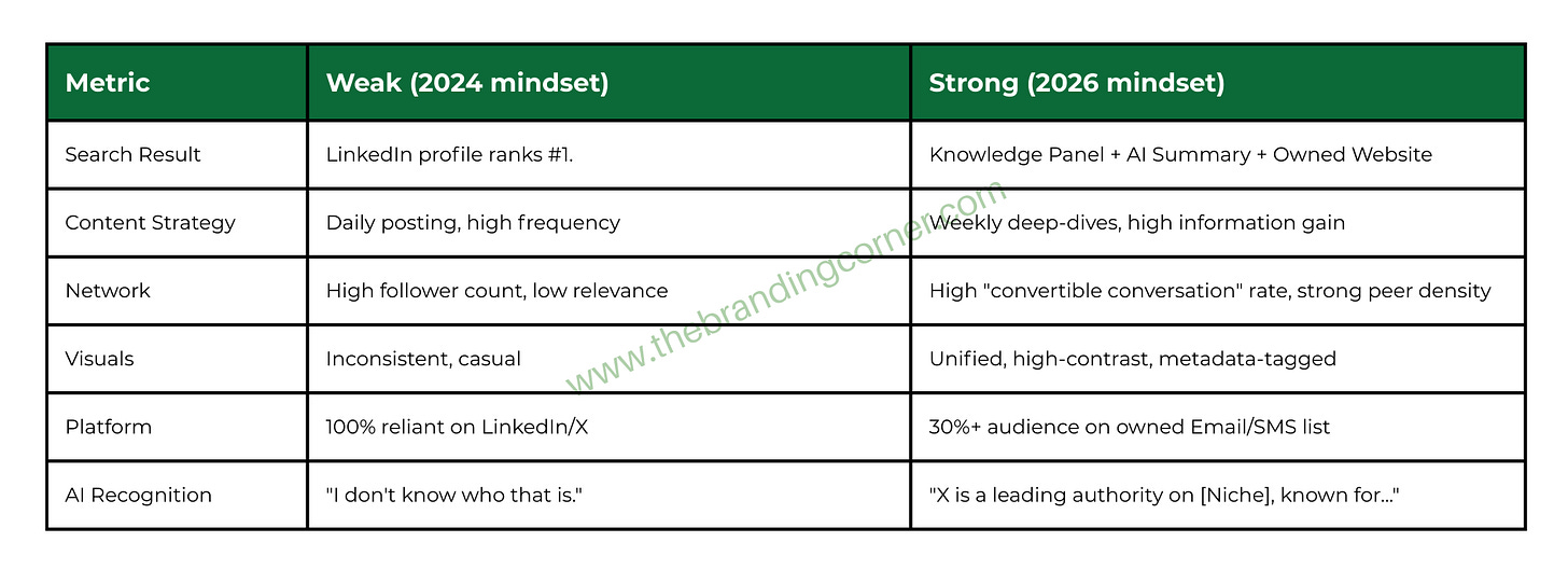 The 2026 Personal Brand Scorecard table comparing a Weak 2024 Mindset against a Strong 2026 Mindset across key metrics like search results, content strategy, and AI recognition The 2026 Personal Brand Scorecard table comparing a Weak 2024 Mindset against a Strong 2026 Mindset across key metrics like search results, content strategy, and AI recognition