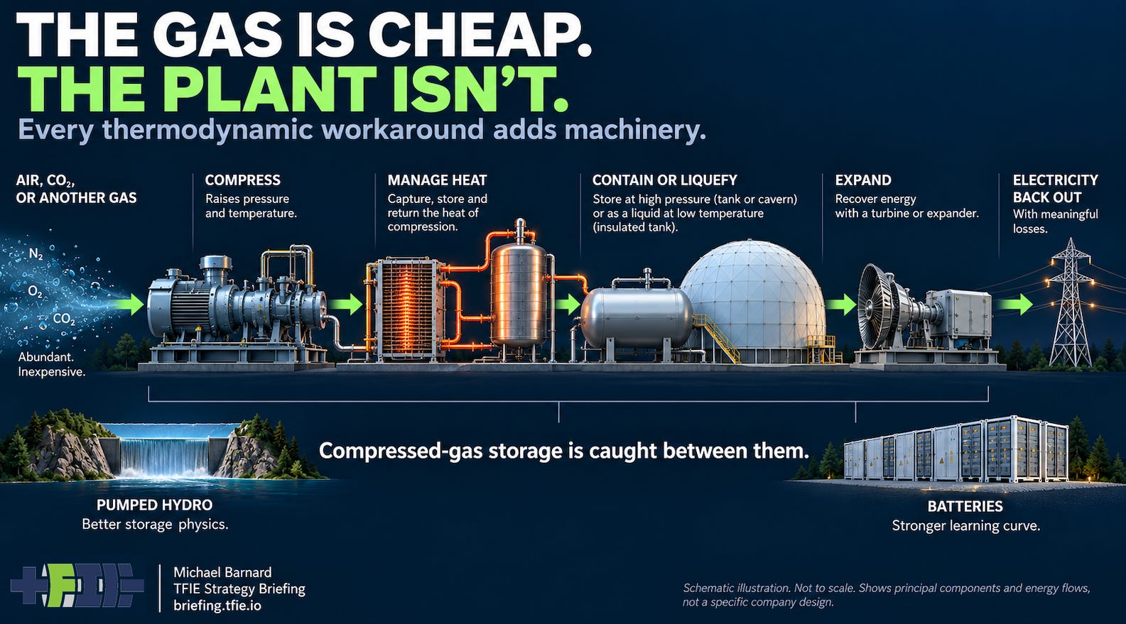 Dark technical infographic showing gas entering a compressed-gas electricity-storage process through compression, thermal management, high-pressure or liquid storage and expansion before electricity returns to the grid. Pumped hydro appears below as the stronger storage-physics reference class, while battery storage appears as the stronger manufacturing-learning reference class.