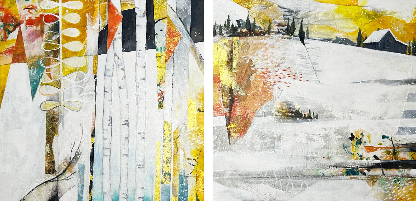 Image of the same two mixed media paintings mentioned above- wintry scenes