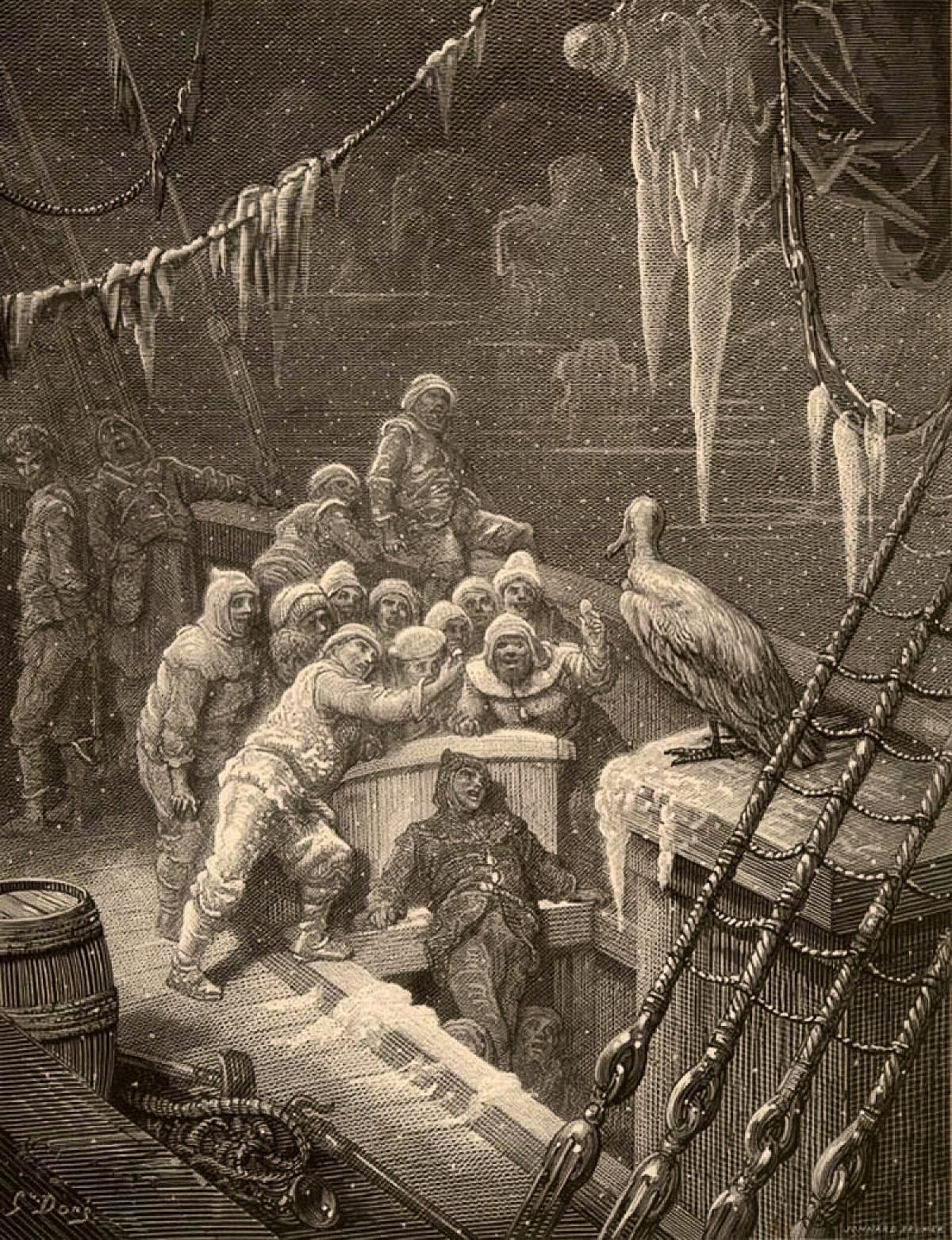 On a ship sheathed in ice and hung with icicles, a crowd of bundled-up sailors gathers around an albatross perched on the rail, one of them reaching out to it. On a ship sheathed in ice and hung with icicles, a crowd of bundled-up sailors gathers around an albatross perched on the rail, one of them reaching out to it.