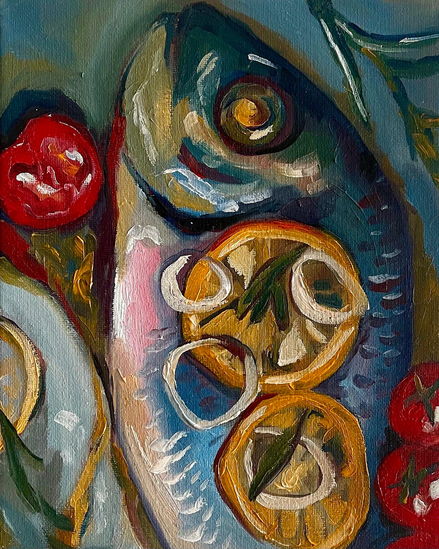 A painting of a fish and vegetables

Description automatically generated