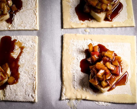 Step-by-step photos showing how to shape apple turnovers.