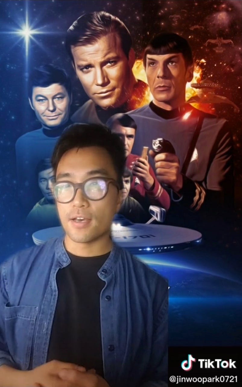 Screenshot of a TikTok video by user @jinwoopark0721 talking about the need for mundane stories set in space.