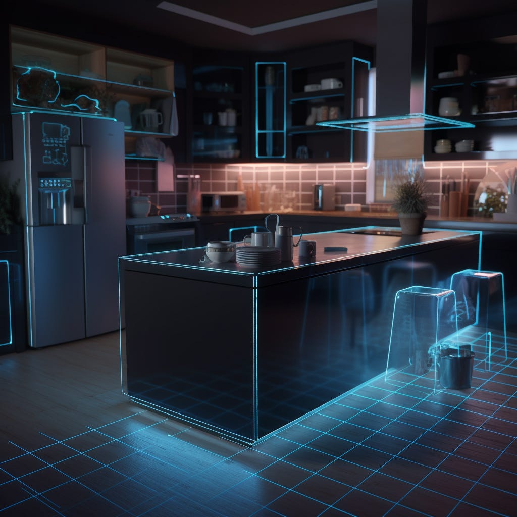 A view of a modern kitchen, on top of every object, we can see holograms