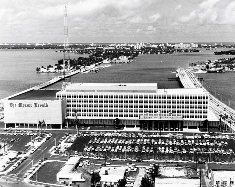 The Miami Herald building looking east in 1963. Courtesy of Florida State Archives.