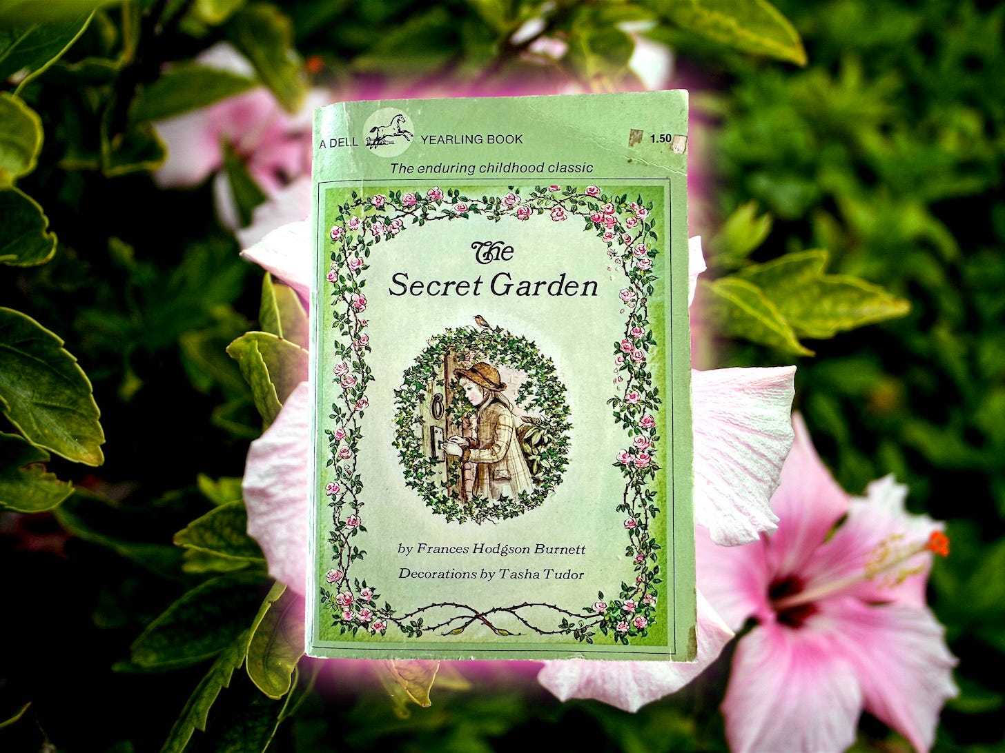 My paperback of The Secret Garden by Frances Hodgson Burnett with Decorations by Tasha Tudor. Pictured in front of hibiscus flowers taken in my childhood yard in Bermuda.