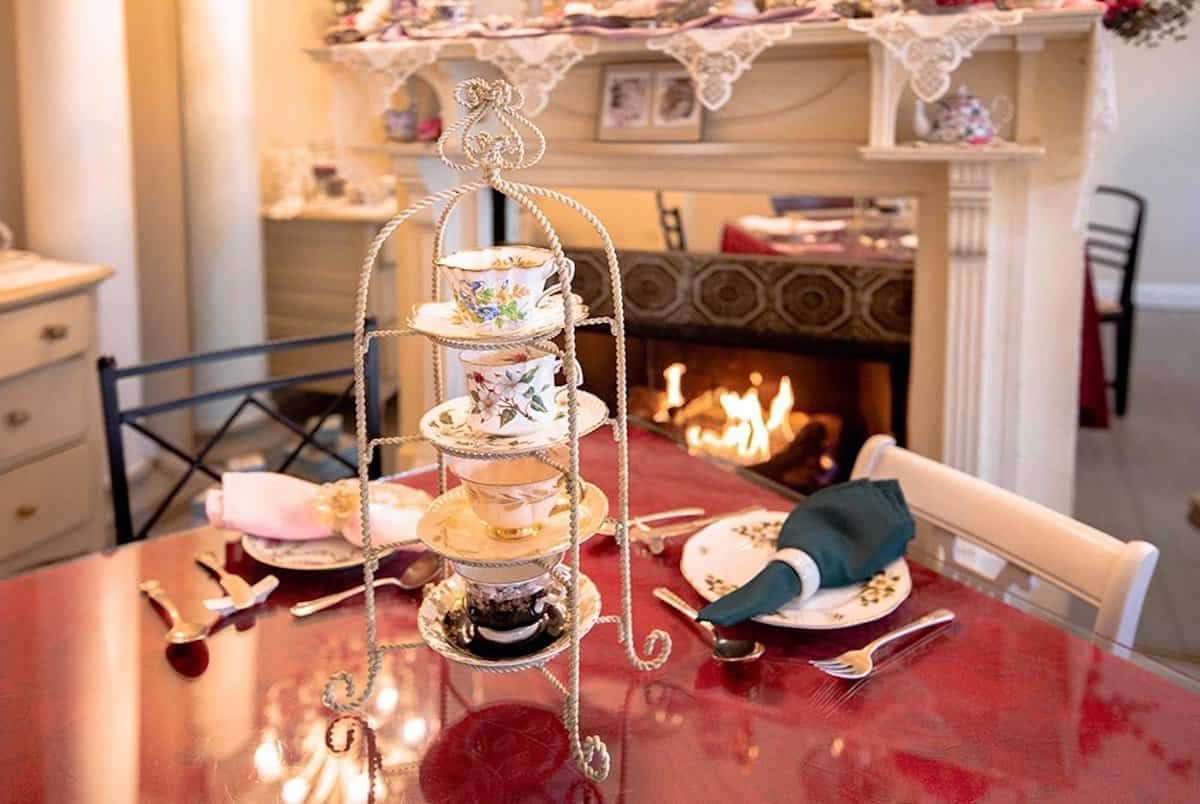 Mathis House Afternoon Tea set up of teacups.