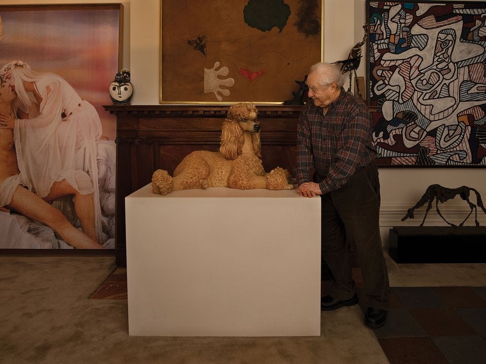 Hubert Neumann’s home at the Upper West Side in NYC with artworks from left to right: Jeff Koons Kiss with Diamonds (1991); Pablo Picasso Pitcher (1952); Jeff Koons Poodle (1991); Joan Miró Painting (1925); Pablo Picasso La Grue (1952); Jean Dubuffet Cabriolet l’Hourloupe (1964) and Alberto Giacometti Dog (1957)