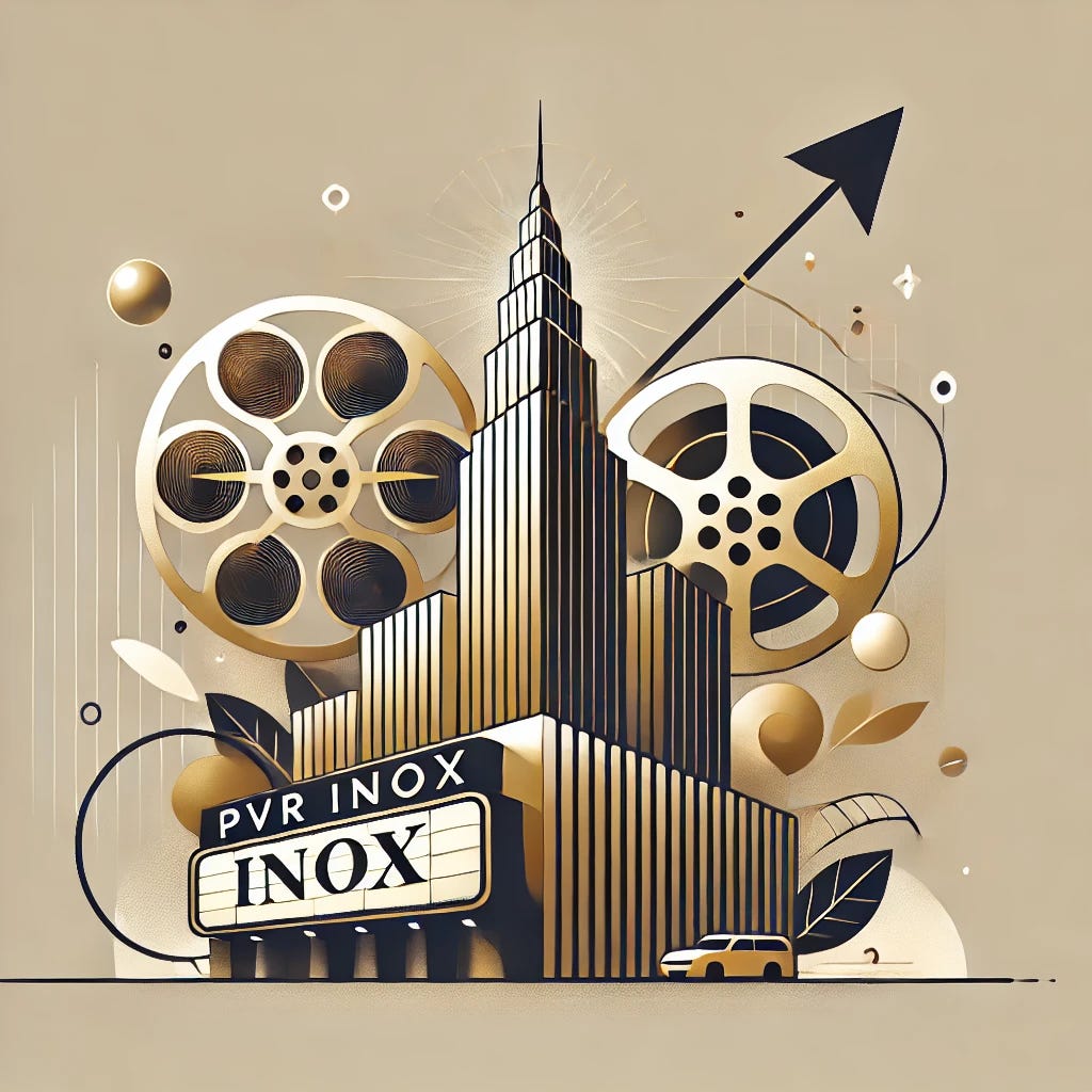 A subtle and professional illustration about PVR INOX, India's largest multiplex operator. The image should convey themes of cinema, growth, and innovation. Include elements like a stylized film reel, a softly glowing multiplex building silhouette, and a subtle upward arrow to indicate growth. The color palette should use soft shades of gold, black, and white to keep it elegant and understated. The composition should be clean and uncluttered, with a modern aesthetic. No text or platform-specific branding.