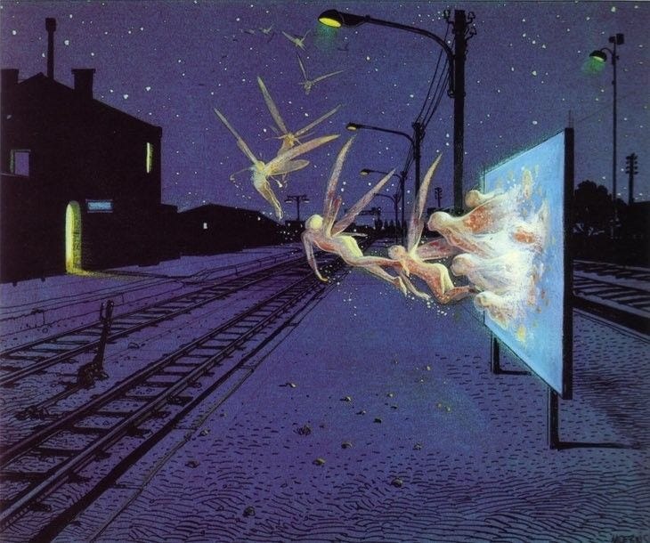 This may contain: an image of some birds flying in the air over train tracks and buildings at night