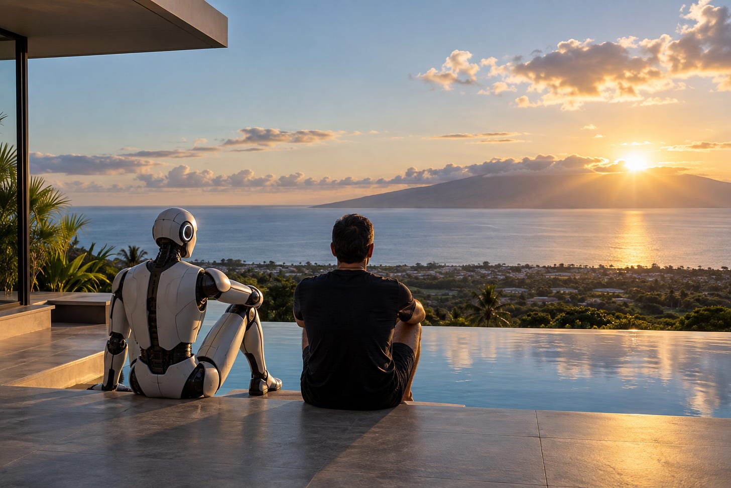 A person and humanoid robot overlooking Maui at sunset. A person and humanoid robot overlooking Maui at sunset.