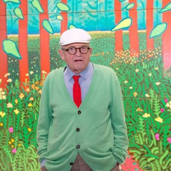 LEFT TO RIGHT, TOP TO BOTTOM: David Hockney standing with The Arrival Of Spring (Aurelien Meunier); cake (honesty); Shawn and Poppy Smucker (Instagram); Unlawful by Design (Kassy Cho); Disesdi Shoshana Cox (LinkedIn); goat from Age of Empires