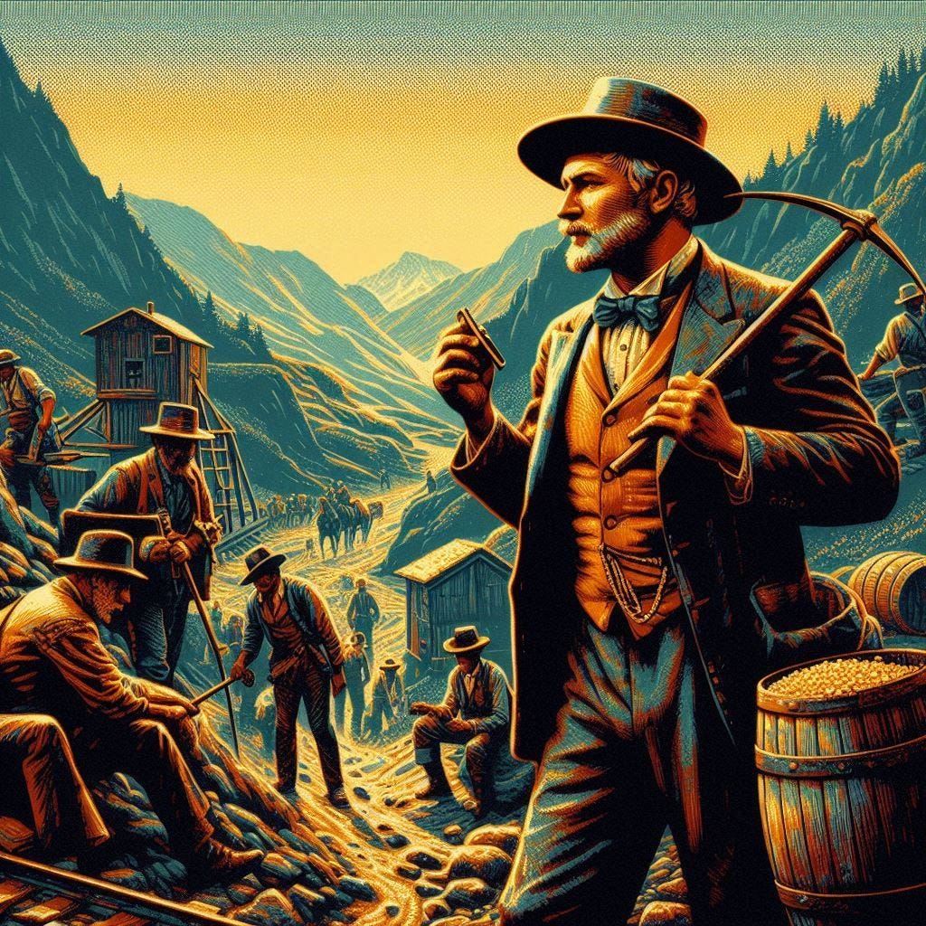 gold miners in 1800s california in the style of roy lichtenstein