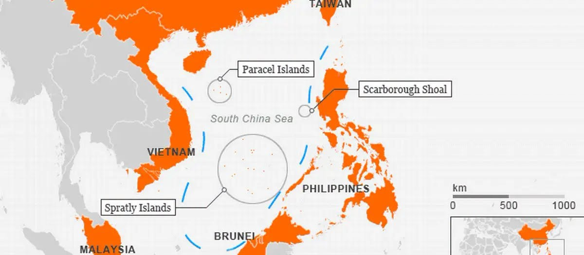 May be a graphic of map and text that says 'FAIWAN Paracel Islands South China SouthChinaSea Sea Scarborough Shoal VIETNAM Spratly SpratlyIslands Islands PHILIPPINES MALAYSIA km BRUNEI 0 0 500 1000'