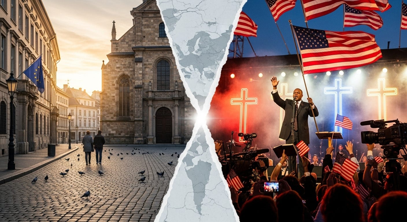 A split image showing Europe’s quiet secularism on one side and America’s flag-waving Christian fundamentalism on the other, symbolizing how faith evolved differently across the Atlantic.