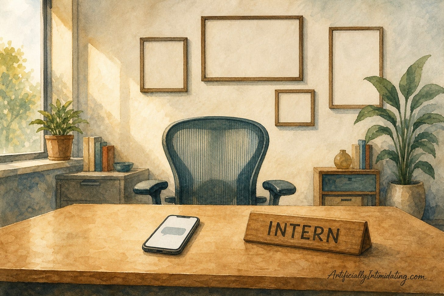 A watercolor office interior. An empty ergonomic chair faces a clean wooden desk holding a phone showing one grey message bubble and a wooden nameplate reading 'INTERN'. Empty picture frames hang on the wall behind.