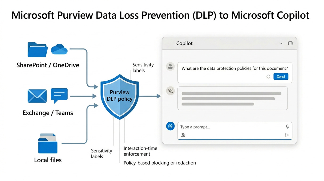 Conceptual diagram of Microsoft Purview DLP enforcing policies on data before it reaches Copilot chat.